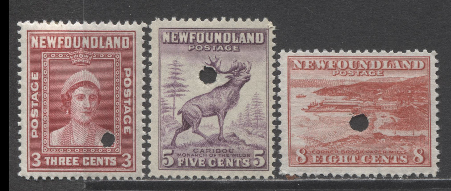 Lot 352 Newfoundland #255var, 257var, 259var 3c-8c Carmine Rose, Deep Rose Lilac and Brownish Scarlet Queen Elizabeth, Caribou and Corner Brook, 1941-1944 Second Resources Issue, Three VFNH, Fine NH and Unused Examples  ,Requisition Proofs