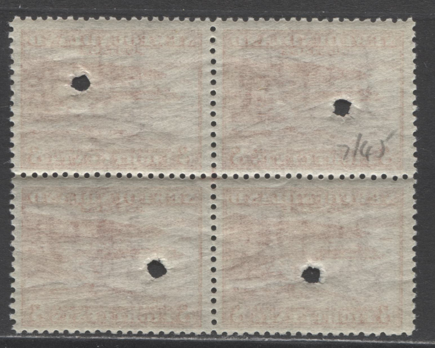 Lot 353 Newfoundland #259var 8c Brownish Scarlet Corner Brook, 1941-1944 Second Resources Issue, A VFNH Block of 4 Requisition Proof Block of 4 With Perforation Cross Guide Mark