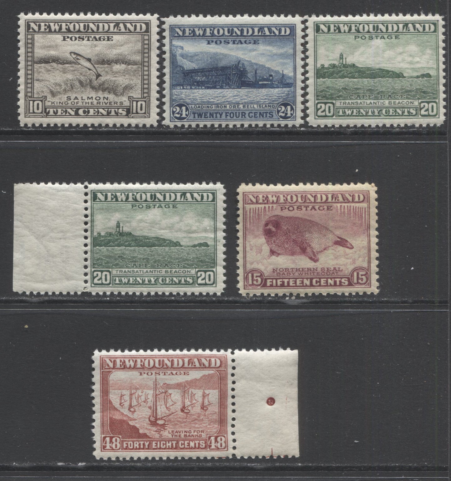 Lot 355 Newfoundland #260, 262, 263, 264, 266 10c - 48c Brownish Black - Red Brown Salmon Leaping Falls - Fishing Fleet, 1941-1944 Waterlow Printings Definitive Reissue, 6 F/VFNH Singles Showing Different Perfs