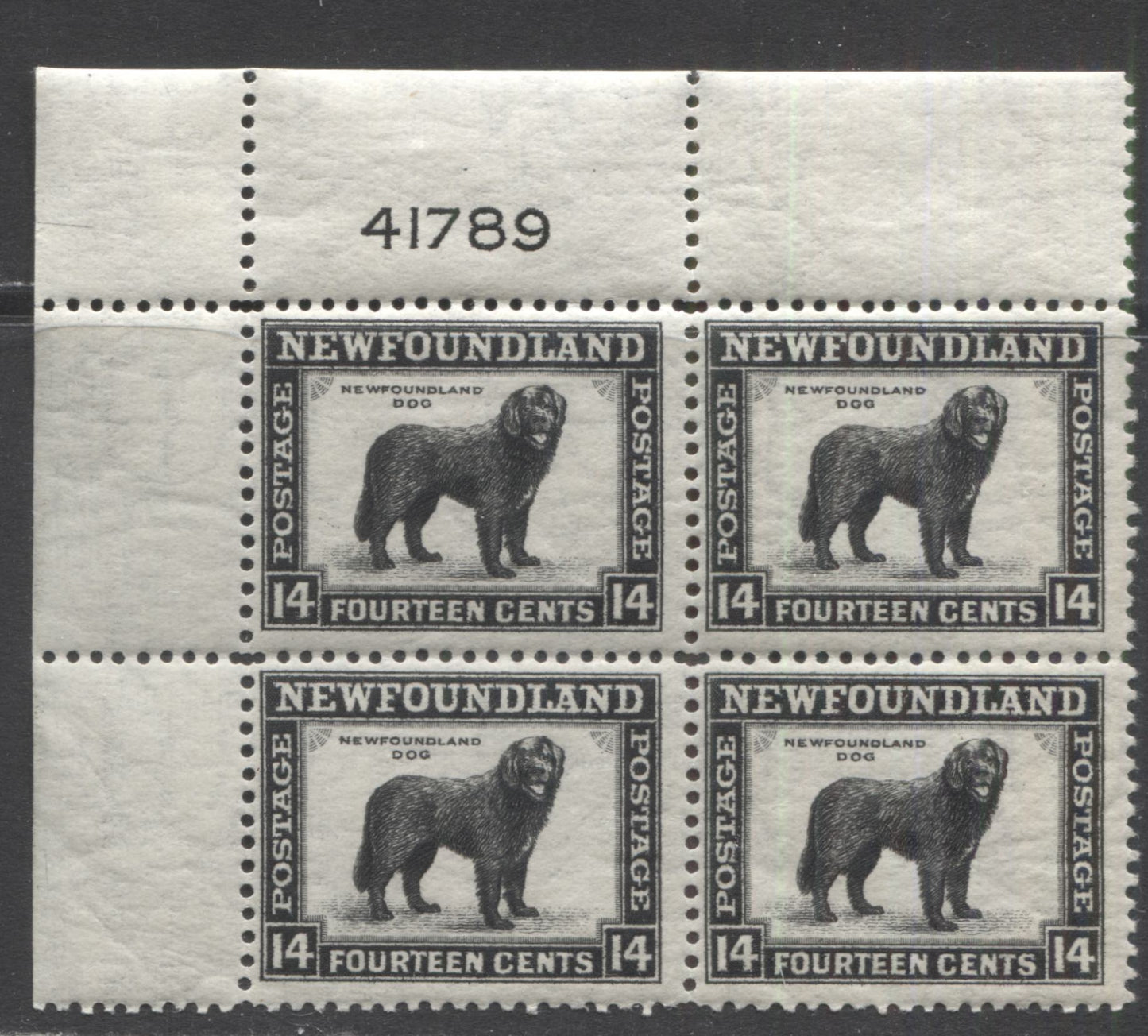 Lot 356 Newfoundland #261 14c Black NFLD Dog, 1941-1944 Waterlow Printings Definitive Reissue, A FLH Upper Left Plate 41789 Block Of 4