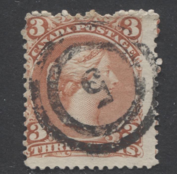 Lot 356 Canada #25 3c Red Queen Victoria, 1868-1897 Large Queen Issue, A Fine Used Example First Ottawa Printing, Perf. 12, Duckworth Paper 10, #5 2-Ring Cancel for Hamilton