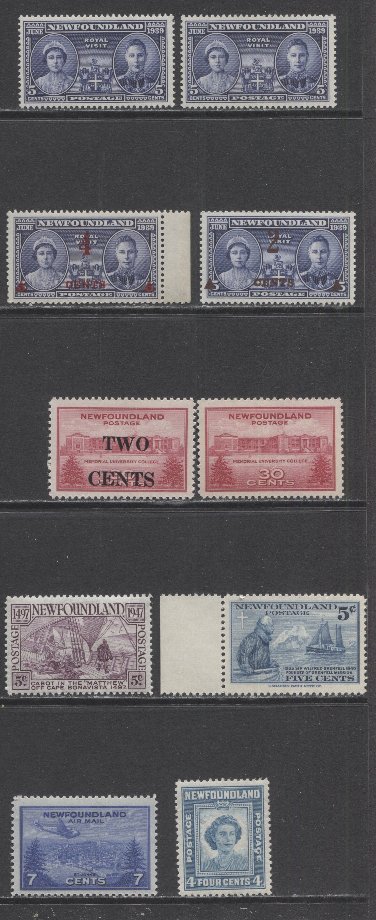 Lot 357 Newfoundland #249-252, 267-270, C19 5c - 30c Blue - King George VI & Queen Elizabeth - John Cabot, 1939-1947 Commemoratives, 10 VFNH Singles, Including Different Shades Of The 5c Royal Visit Stamp