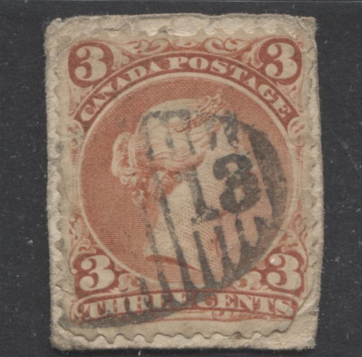 Lot 358 Canada #25 3c Red Queen Victoria, 1868-1897 Large Queen Issue, A Fair Used Example First Ottawa Printing, Perf. 11.9 x 12, Indeterminate Paper, #13 Oval Grid Cancel for Fredericton on Piece