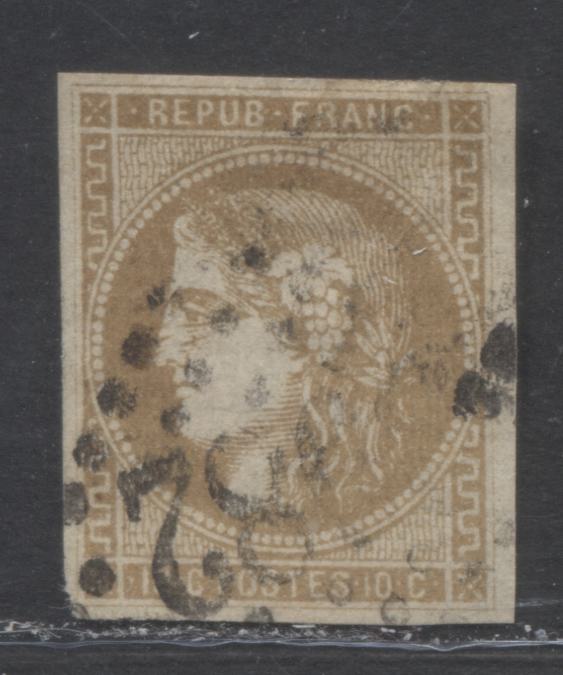 Lot 358 France SC#42 10c Deep Bistre On Yellowish Paper, Type A 1870-1871 Imperf Bordeaux Definitive Issue, A Fine Used Example, 2022 Scott Classic Cat. $60 USD, Net Est. $30, Click on Listing to See ALL Pictures