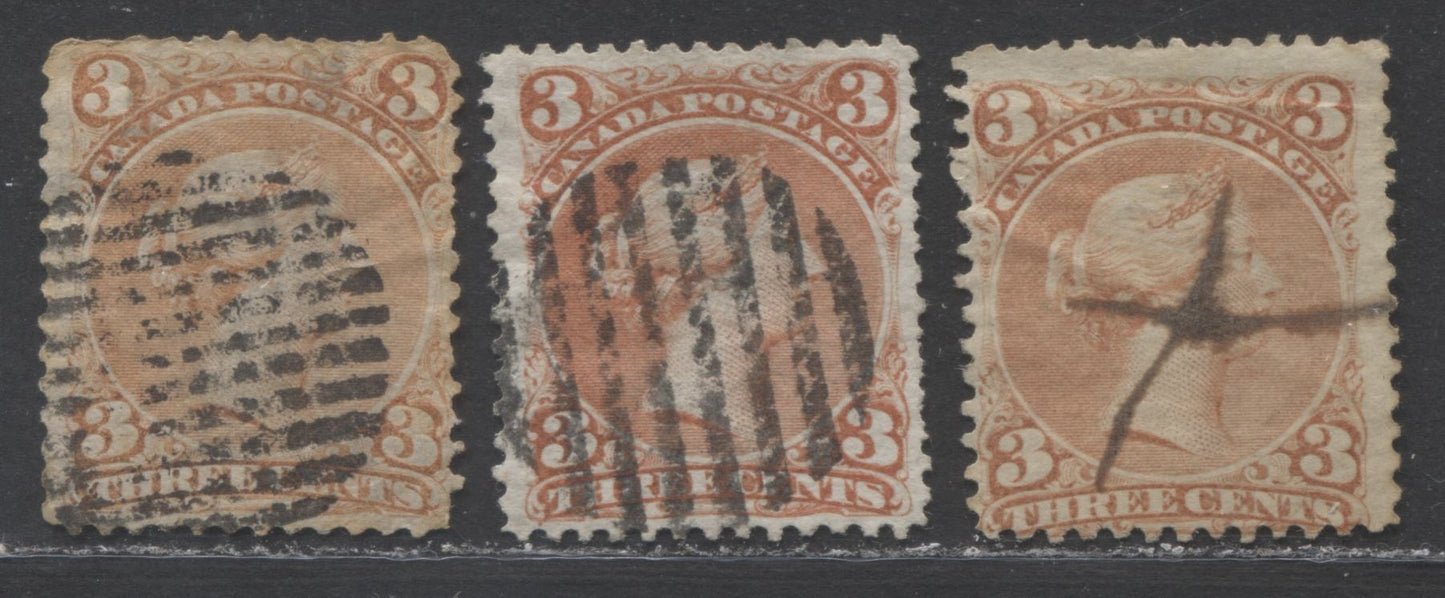 Lot 360 Canada #25, 25ii 3c Rose Red and Orange Red Queen Victoria, 1868-1897 Large Queen Issue, Three Ungraded Examples, Perf. 11.9 x 12, 12.1 and 12, Duckworth Papers 3, 4 and 10, Reference Lot With Different Shades and Cancels