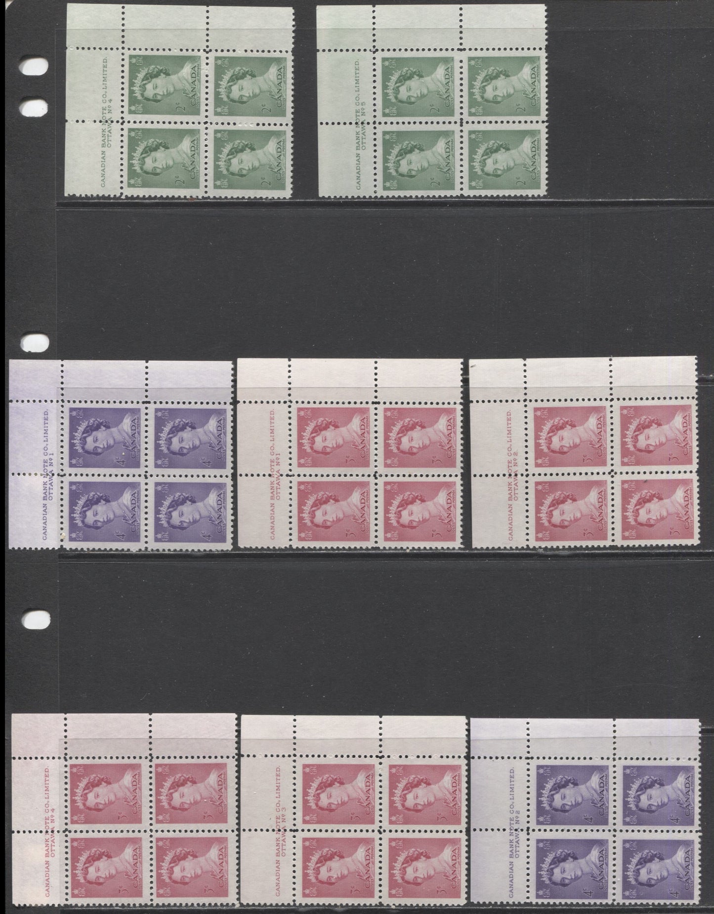 Lot 36 Canada #326-328 2c - 4c Green - Violet Queen Elizabeth II, 1953 Karsh Issue, 8 VFNH UR Plates 1-5 Blocks Of 4