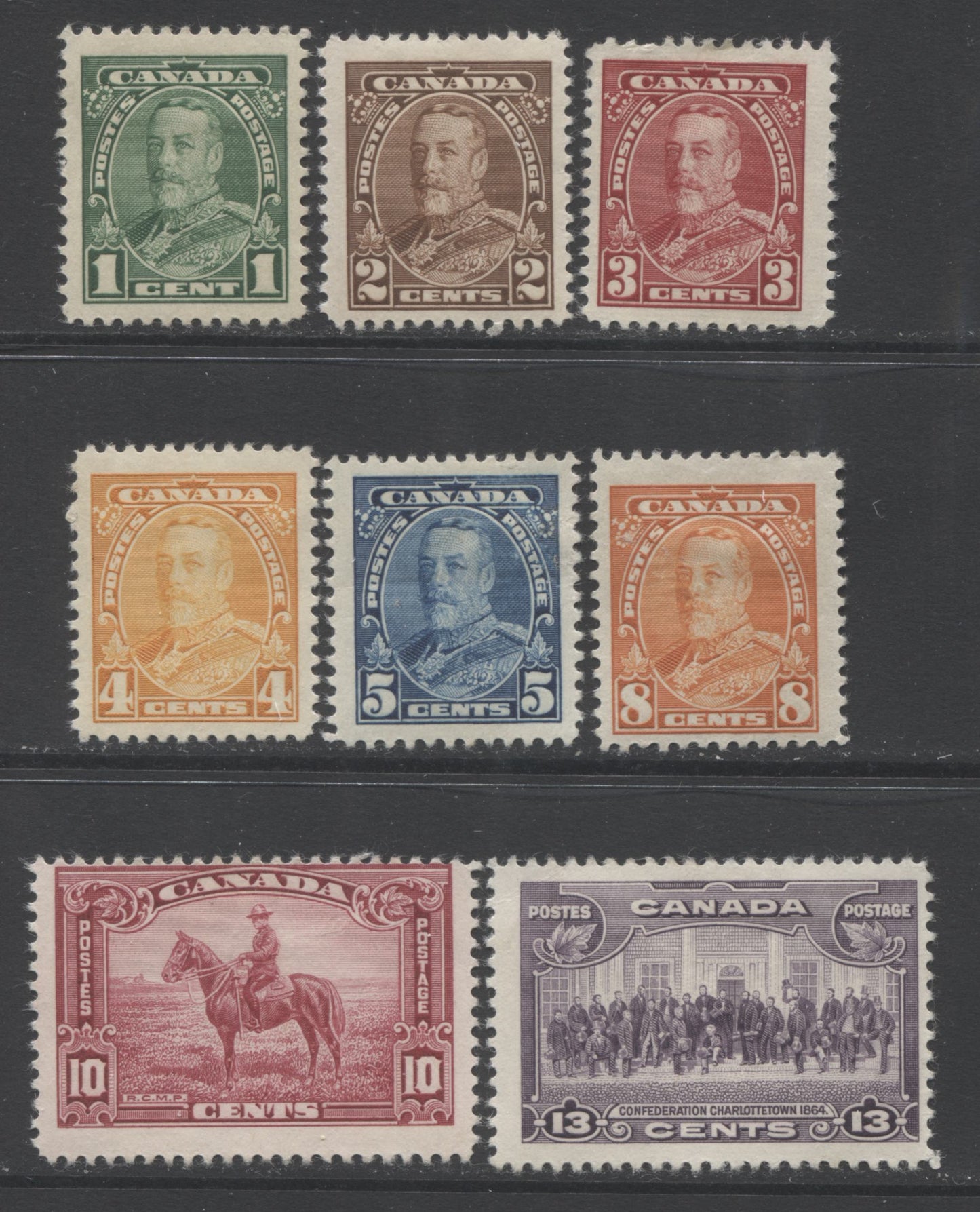 Lot 36 Canada #217-224 1c - 13c Green - Violet King George V - Charlottetown, 1935 Pictorial Issue, 8 Mostly VFOG Singles