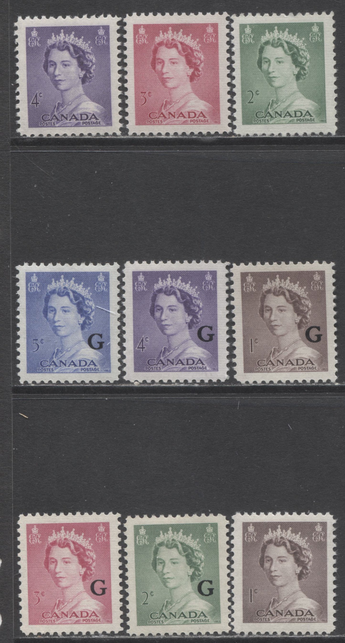 Lot 361 Canada #325-329, 331-333, O33-O37 1c-5c Violet Brown - Ultramarine Queen Elizabeth II, 1953 Karsh, Karsh Coil & G Overprint Issues, 17 VFNH Sheet & Booklet Singles