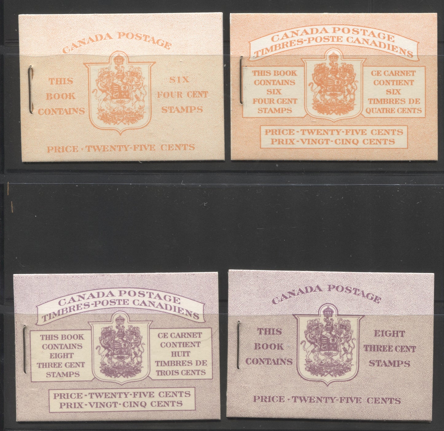 Lot 362 Canada #BK45-BK46 1953-1954 Karsh Issue Complete 25c English and Bilingual, Booklets Containing 2 Panes of 4 + 2 Labels of the 3c and 1 Pane of 6 4c, Different Harris Front and Back Covers