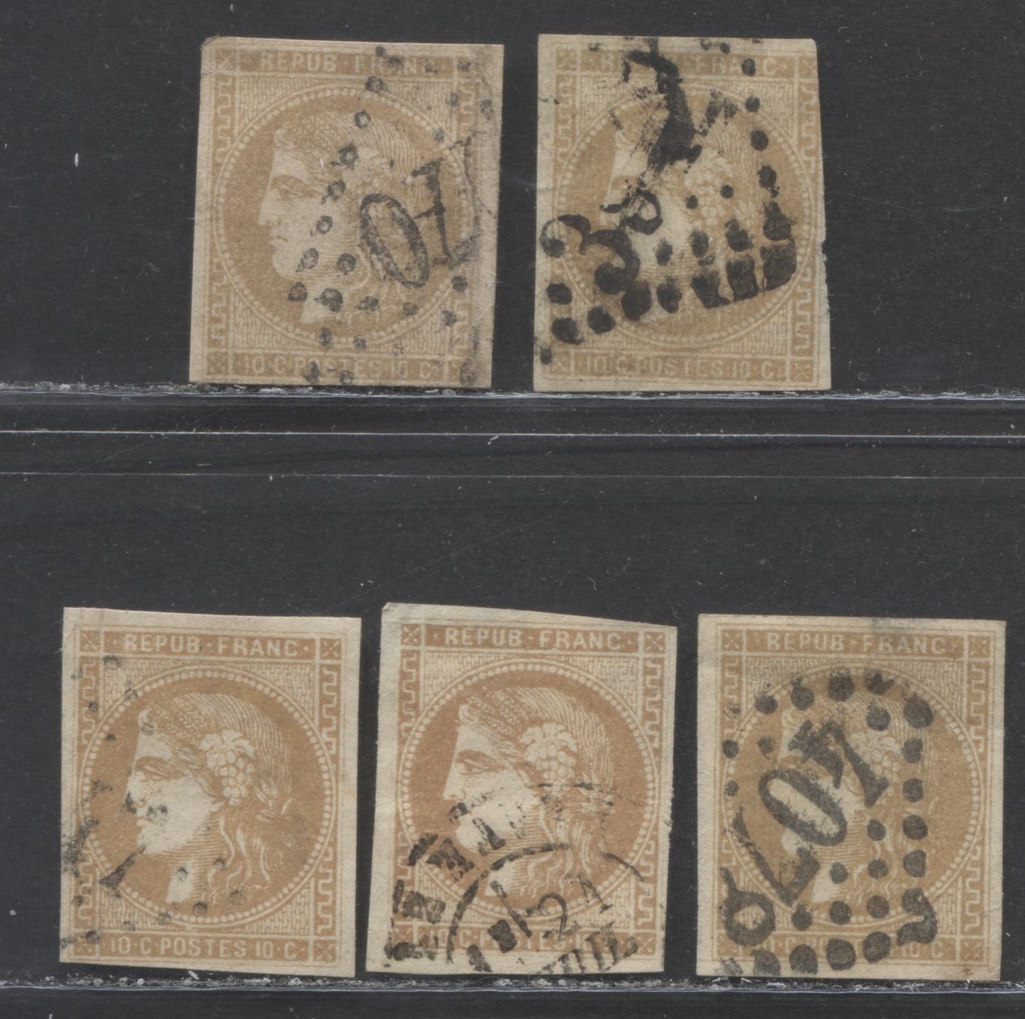 Lot 362 France SC#42 10c Bistre Brown 1870-1871 Imperf Bordeaux Definitive Issue, An Ungraded Shade Lot of 5 Examples, 2022 Scott Classic Cat. $300 USD, Net. Est. $30, Click on Listing to See ALL Pictures