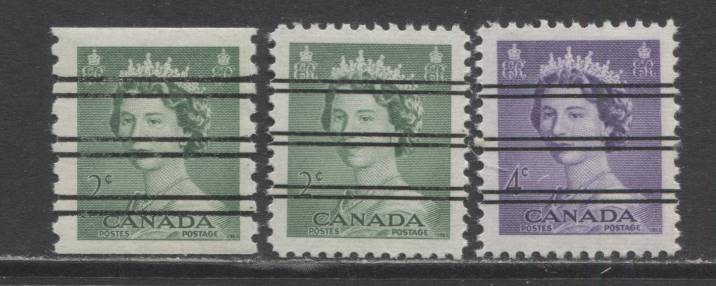 Lot 363 Canada #326xx, 328xx, 331xx 2c & 4c Green & Violet Queen Elizabeth II, 1953 Karsh & Karsh Coil Issues, 3 VFNH Precanceled Singles