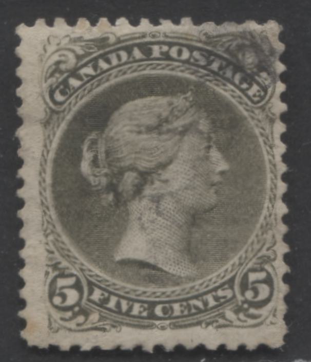 Lot 365 Canada #26v 5c Olive Green Queen Victoria, 1868-1897 Large Queen Issue, A VG Used Example Montreal Printing, Perf. 11.6 x 12.1, Stout Horizontal Wove