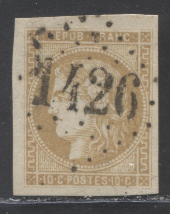 Lot 366 France SC#42a 10c Bistre, Type B 1870-1871 Imperf Bordeaux Definitive Issue, An Extremely Fine Used Example, 2022 Scott Classic Cat. $90 USD, Click on Listing to See ALL Pictures