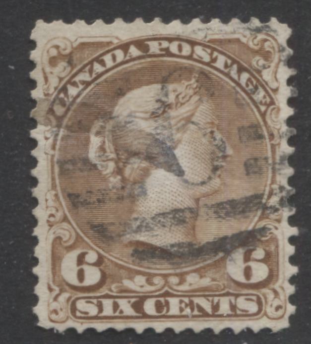 Lot 367 Canada #27a 6c Yellow Brown Queen Victoria, 1868-1897 Large Queen Issue, A VF Used Example First Ottawa Printing, Perf. 11.9 , Duckworth Paper 9, #9 Duplex Cancel