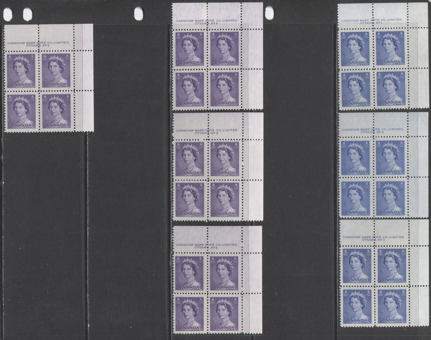 Lot 37 Canada #328-329 4c & 5c Violet & Ultramarine Queen Elizabeth II, 1953 Karsh Issue, 7 Fine NH and VFNH UR Plates 1-6 Blocks Of 4