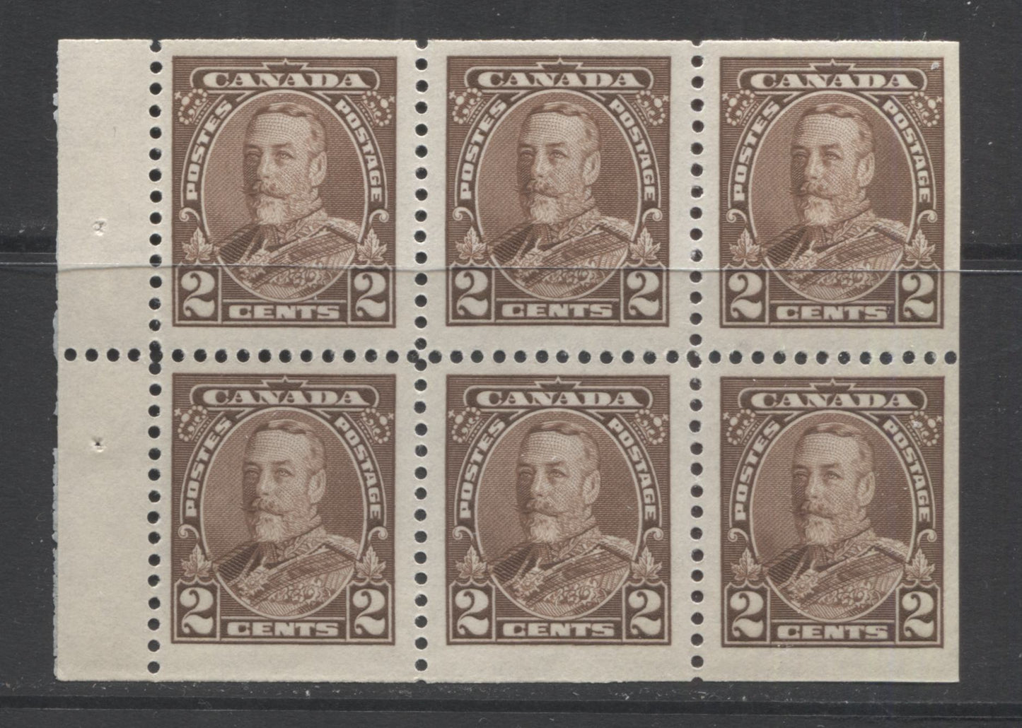 Lot 37 Canada #218b 2c Deep Brown (Brown) King George V, 1935 Pictorial Issue, A Fine NH Booklet Pane Of 6 On Crisp Wove Paper With Transparant Gum