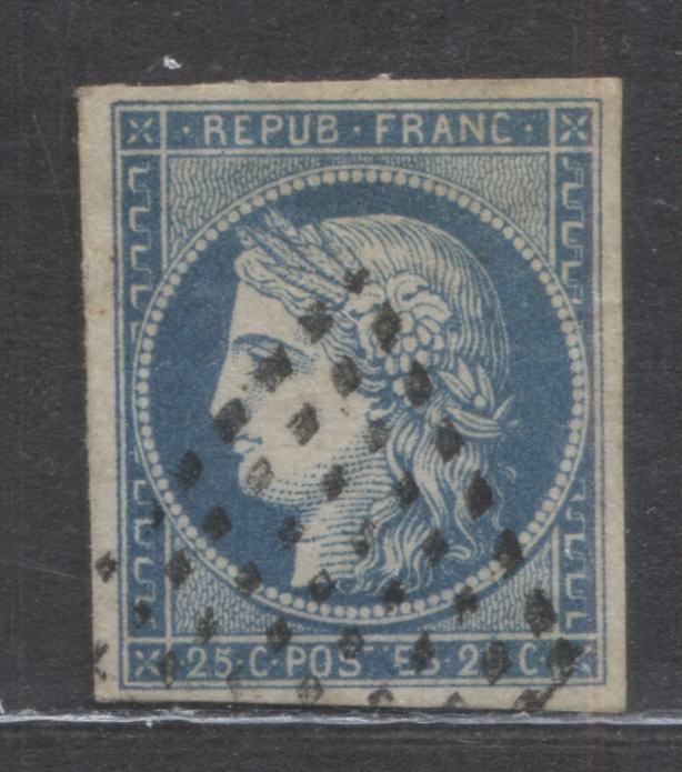 Lot 37 French Colonies SC#12 25c Blue on Bluish 1871-1872 Imperforate Ceres and Napoleon III Issue, A VF Used Example, Net Estimated Value $13, Click on Listing to See ALL Pictures