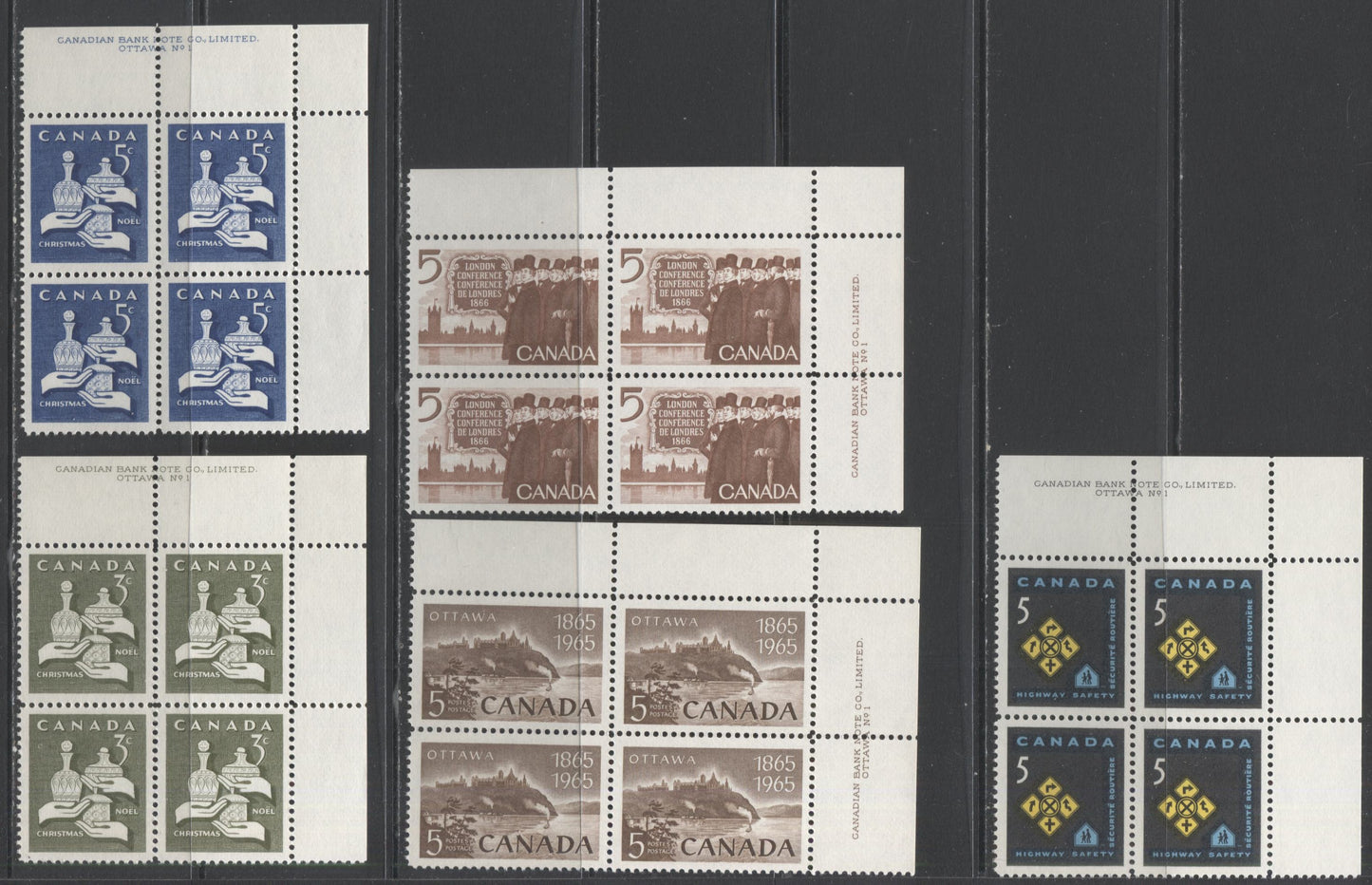 Lot 37 Canada #442-451 3c & 5c Brown - Carmine Rose Canadian Parliament - Praying Hands, 1965-1966 Commemoratives, 11 VFNH UR and LR Plates 1-3 Blocks Of 4, 448 is on DF-fl Paper