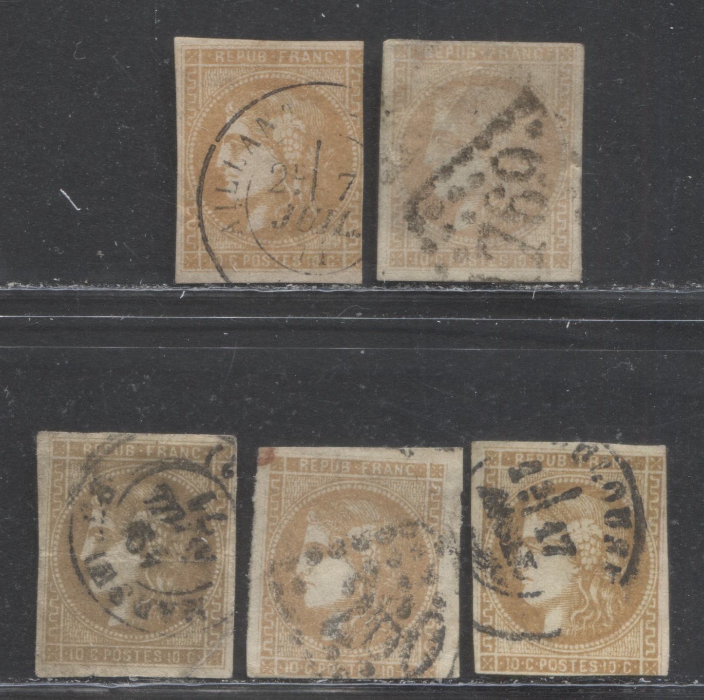 Lot 372 France SC#42a Bistre, Type B 1870-1871 Imperf Bordeaux Definitive Issue, An Ungraded Shade Lot of 5 Examples, 2022 Scott Classic Cat. $450 USD, Net Est. $25, Click on Listing to See ALL Pictures