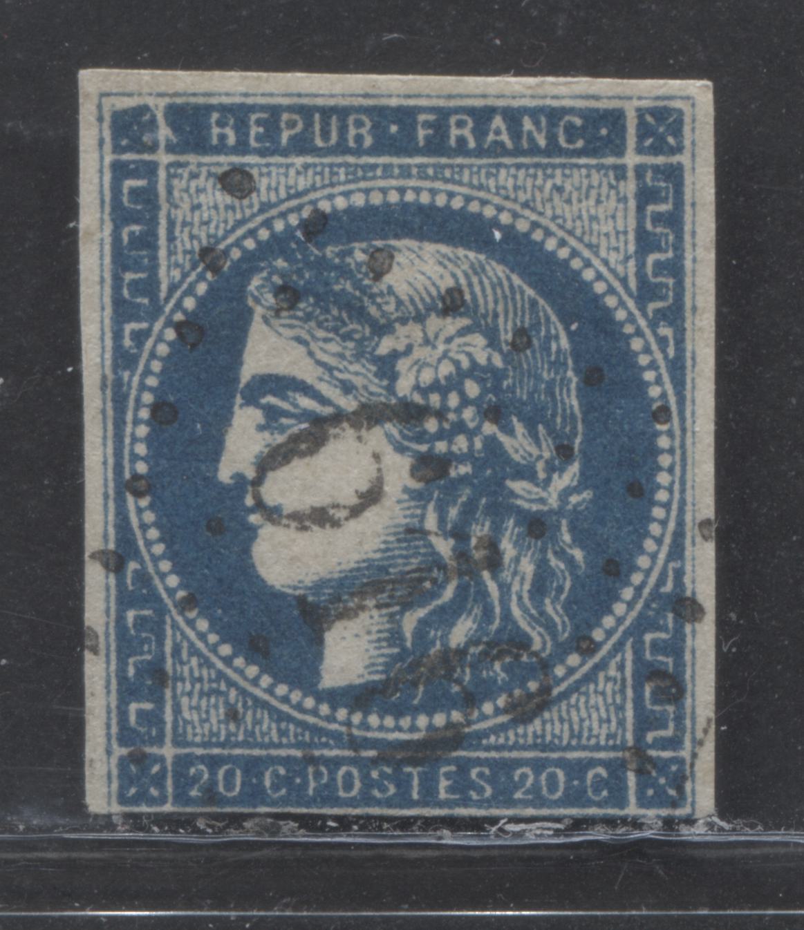 Lot 374 France SC#44 20c Blue On Yellowish 1870-1871 Imperf Bordeaux Definitive Issue, A Fine Used Example, 2022 Scott Classic Cat. $45 USD, Net Est. $30, Click on Listing to See ALL Pictures