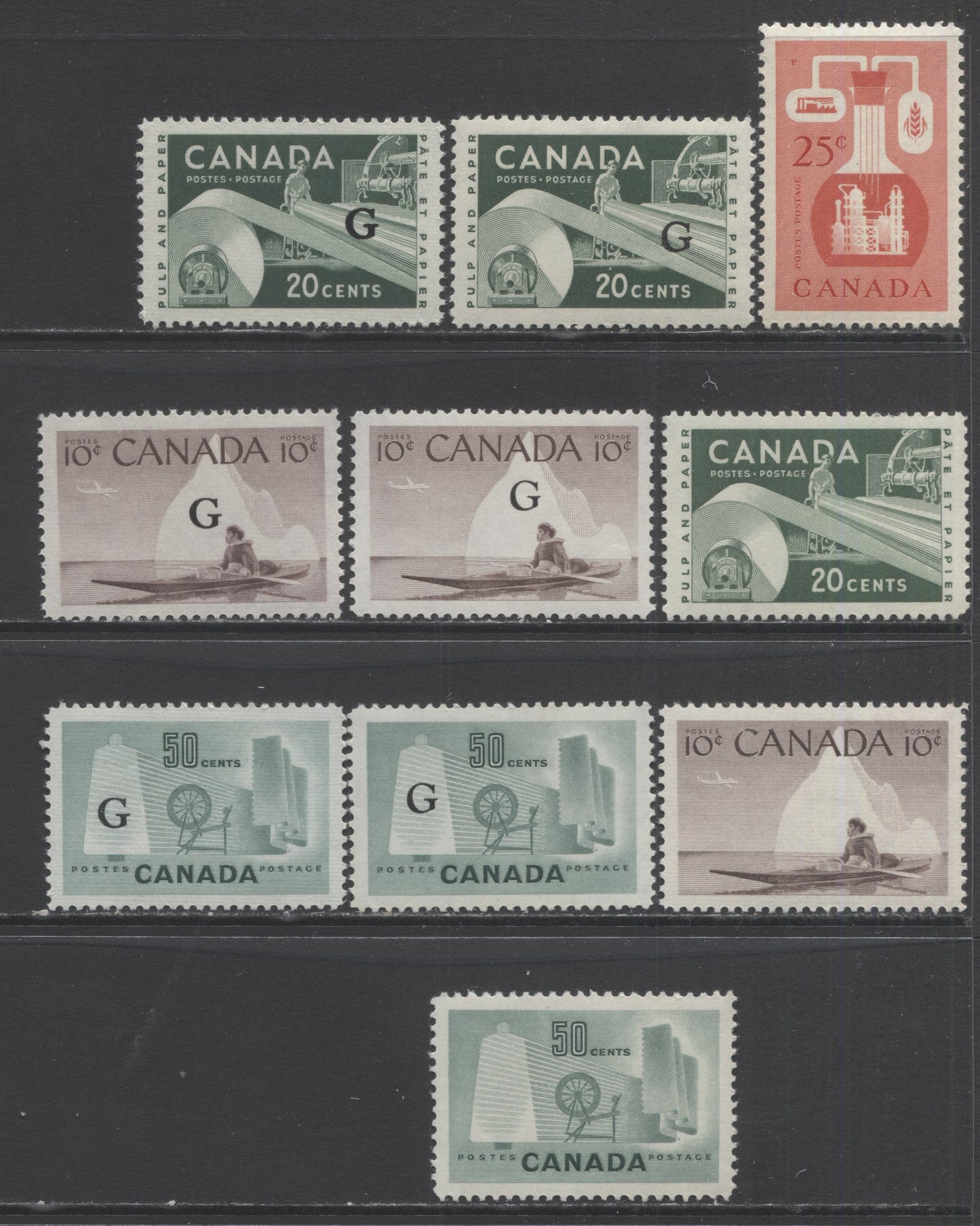 Lot 375 Canada #334. O38, O38a, 351, O39, O39a, 361, O45, O45a, 362 5c - 50c Ultramarine - Light Green 1953-1963 Wilding & Karsh High Value Definitives & G Overprints, 10 VFNH Singles On Different Papers