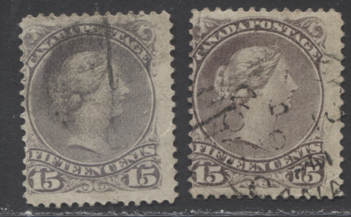 Lot 376 Canada #29, 30 15c Grey Violet & Grey Queen Victoria, 1868-1897 Large Queen Issue, Two Good and VG Used Examples Second Ottawa Printing, Perf. 12.1, Stout Vertical Wove