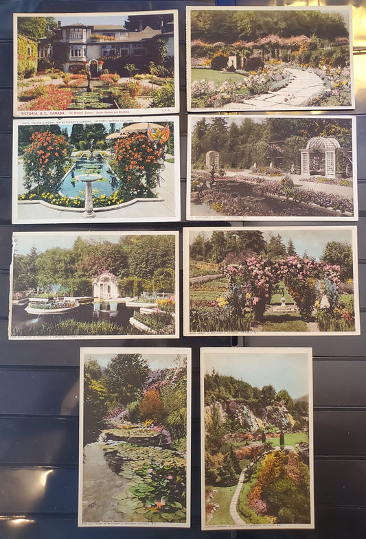 A Group of 8 Postcards From Victoria, BC, Showing The Butchart Gardens, From The 1930's and 1950's, Overall VF, Net Est. $15