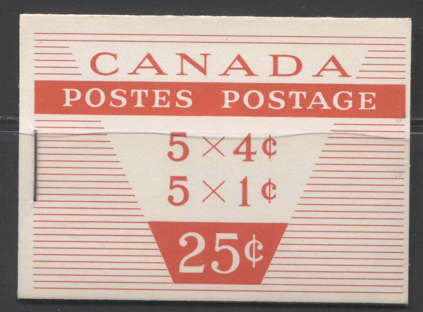 Lot 377A Canada McCann #BK51bvar 1954-1962 Wilding Issue, Complete 25c Booklet Containing 1 Pane of 5 + Label of Each of the 1c & 4c Queen Elizabeth II, DF and MF-fl Ribbed Panes, 12 mm Staple, DF Grey Type 1 Cover