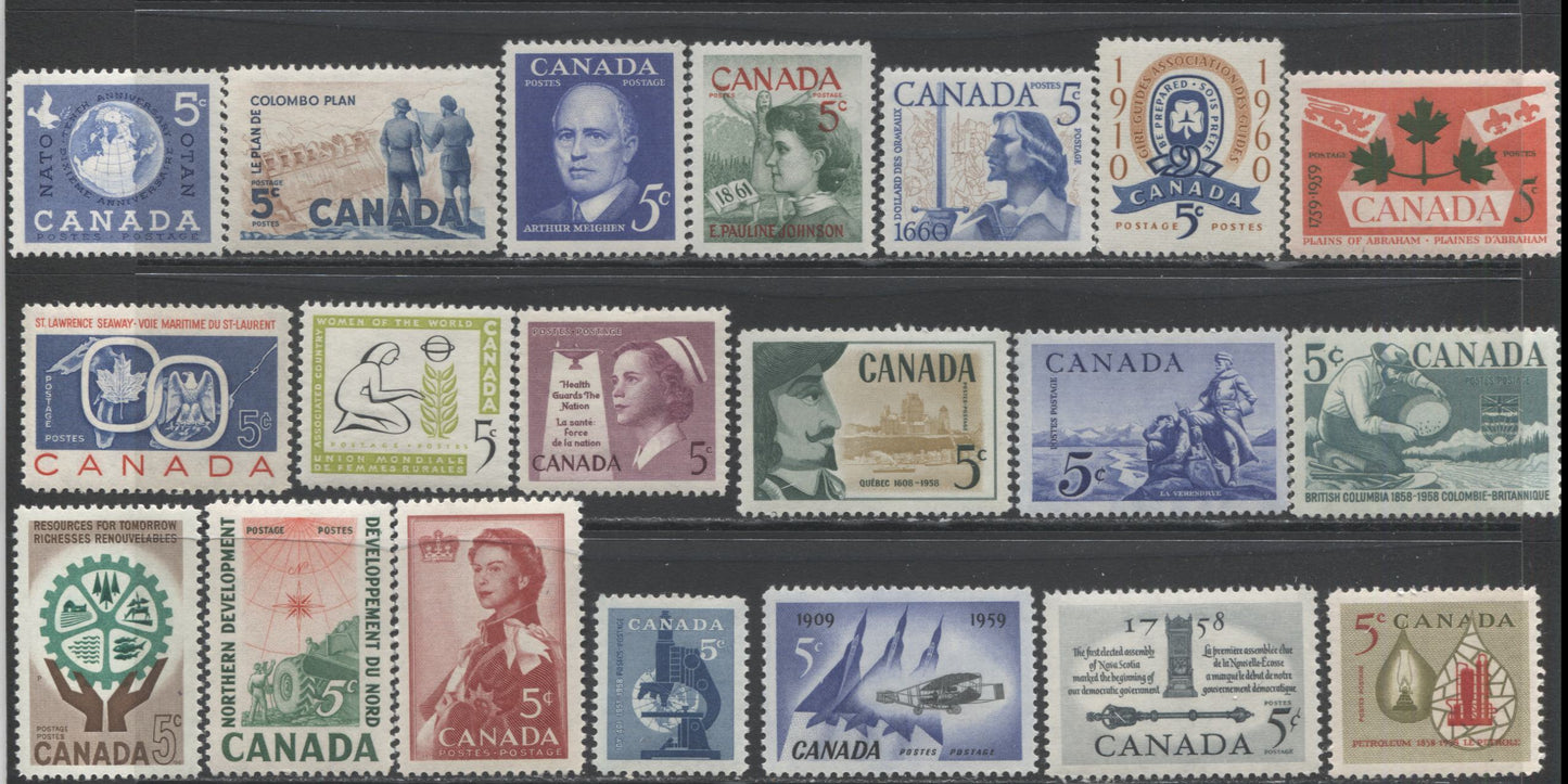 Lot 378 Canada #376-395 5c Multicolored Various Subjects, 1958-1961 Commemoratives, 20 VFNH Singles