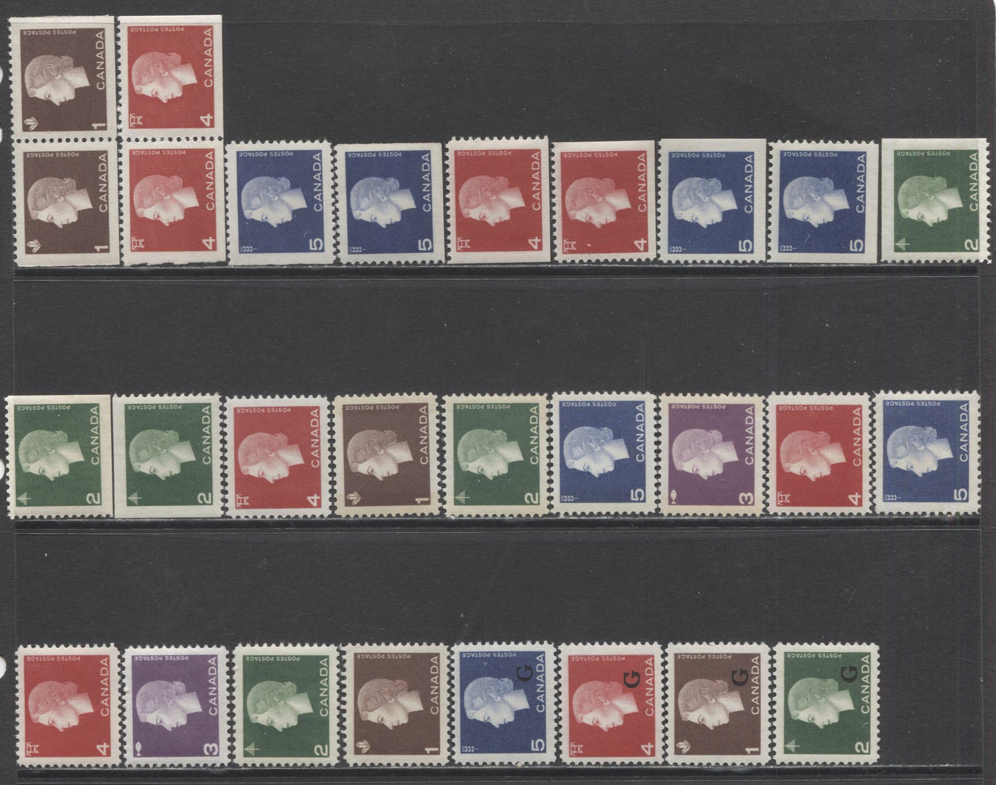 Lot 379 Canada #401-405p, O46-O49 1c - 5c Brown - Violet Blue Queen Elizabeth II, 1962-1963 Cameo & G Overprinted Cameo Issues, 26 VFNH Tagged & Untagged Sheet & Booklet Singles & Pairs