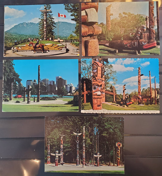 A Group of 5 Postcards From Victoria and Vancouver, BC, Showing Stanley and Thunderbird Parks, From The 1960's, 1970's and 2000's, Overall VF, Net Est. $3