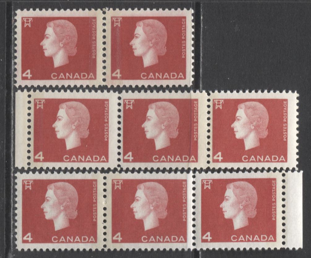 Lot 380 Canada #404vii, 404x 4c Carmine Queen Elizabeth II, 1962-1963 Cameo Issue, 3 Fine NH and VFNH Pairs & Strips Of 3 Showing Wide & Narrow Tag Bars, And a 8mm Split Bar Pair