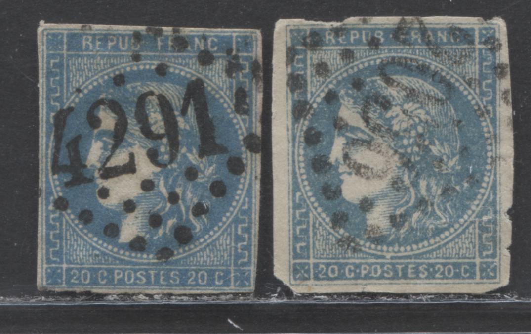 Lot 380 France SC#44 20c Light Blue On Bluish, Type 2 1870-1871 Imperf Bordeaux Definitive Issue, Two Good Used Examples, 2022 Scott Classic Cat. $90 USD, Net. Est. $15, Click on Listing to See ALL Pictures