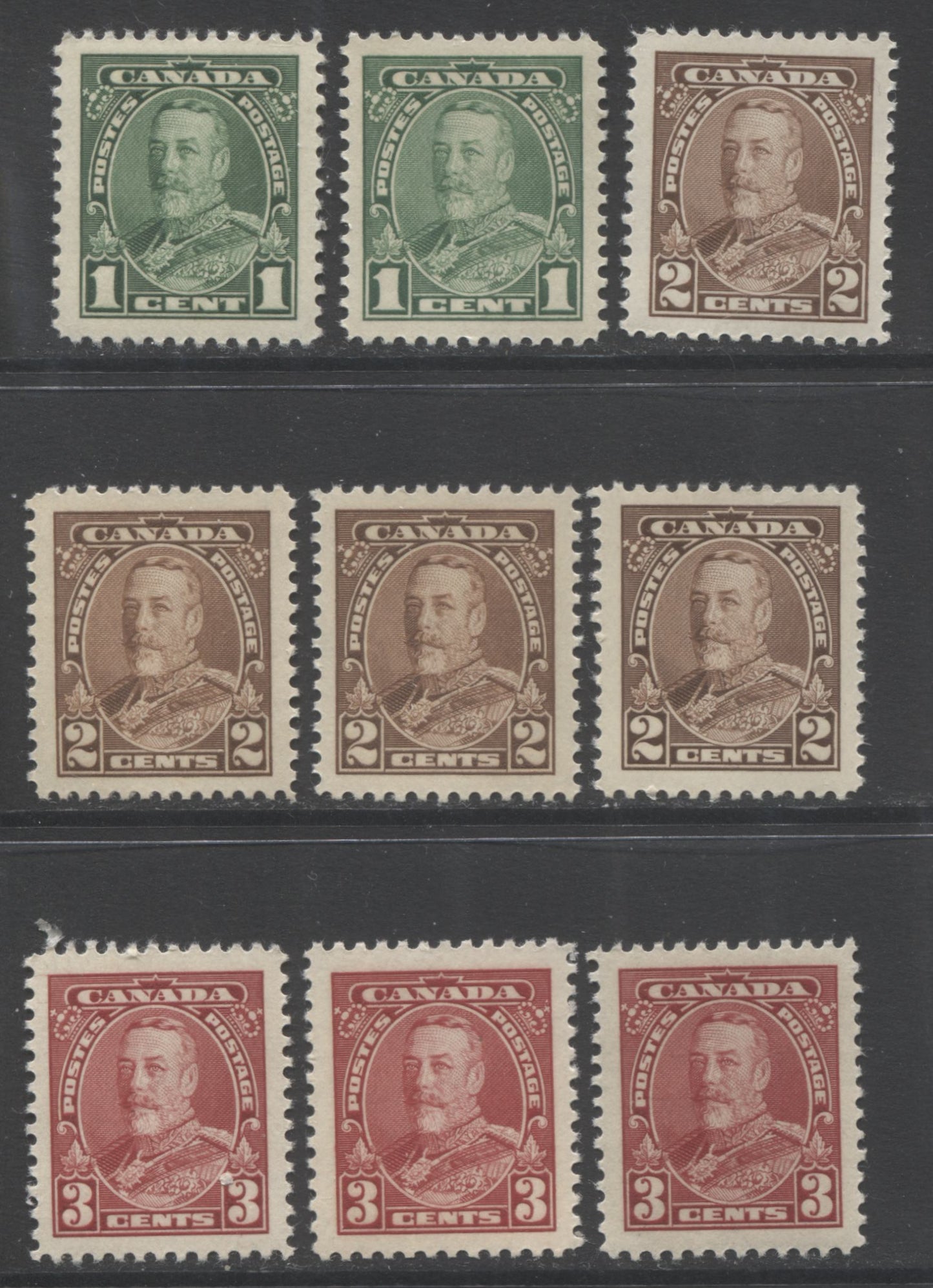 Lot 38 Canada #217-219 1c - 3c Green - Dark Carmine King George V, 1935 Pictorial Issue, 9 VFNH Singles With Different Shades, Papers & Gums