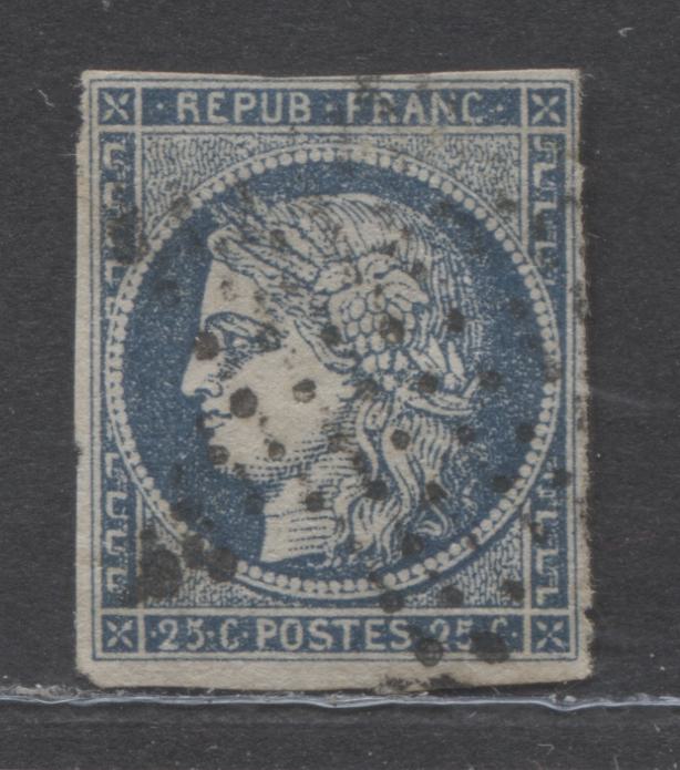 Lot 38 French Colonies SC#12 25c Blue on Bluish 1871-1872 Imperforate Ceres and Napoleon III Issue, A VG Used Example, Net Estimated Value $3, Click on Listing to See ALL Pictures