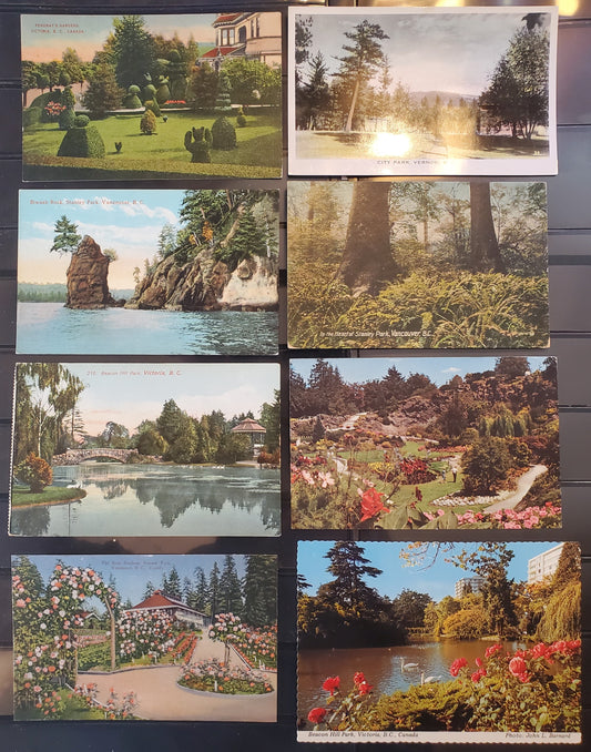 A Group of 8 Postcards From Victoria, Vernon and Vancover, BC, Showing Beacon Hill, Stanley and Other Parks, From The 1910's-1930's and 1960's, Overall VF, Net Est. $16