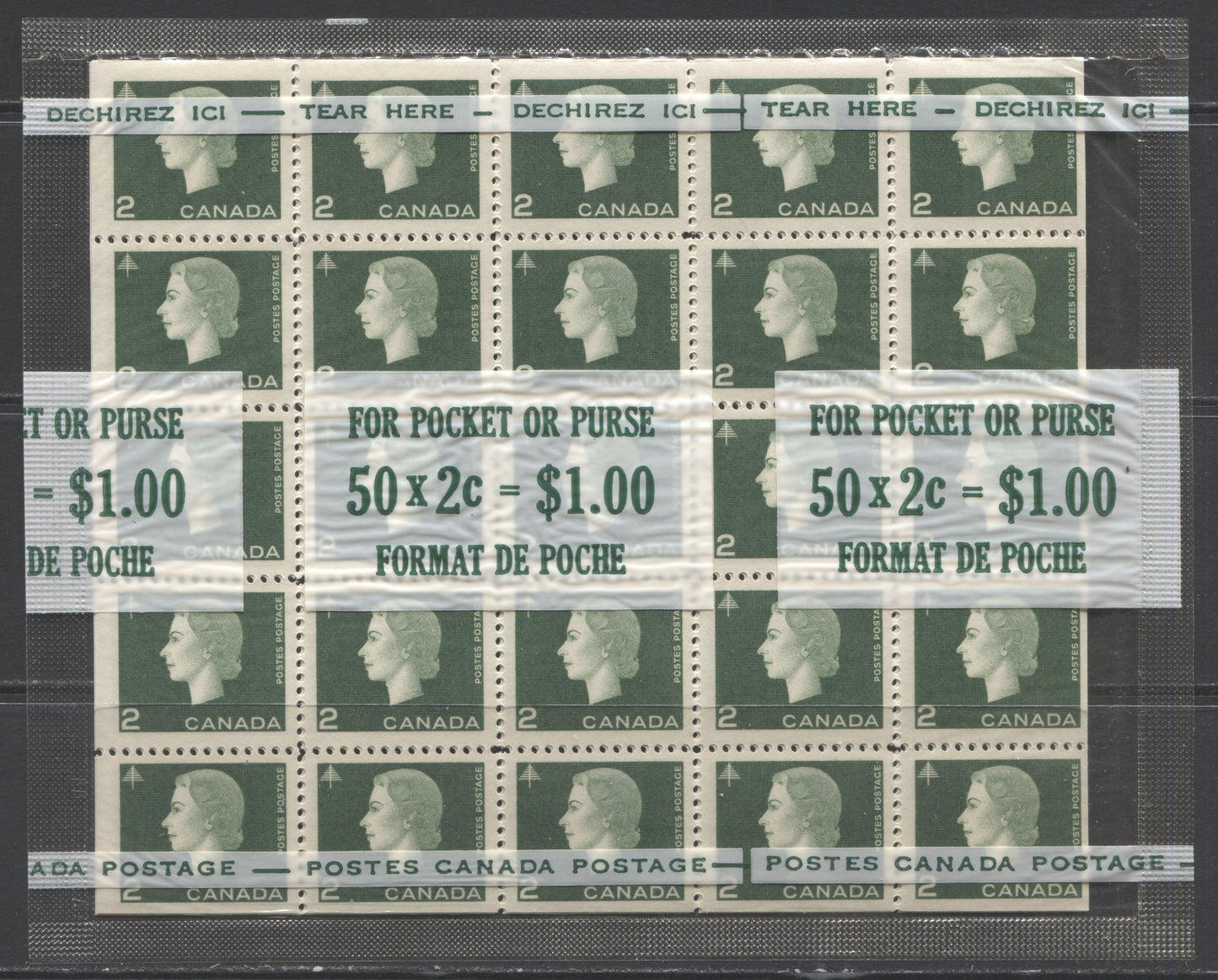 Lot 382 Canada #402ai 2c Green, Queen Elizabeth II, 1962-1967 Cameo issue, Sealed Cello Paq, Containing 2 Panes of 25, VFNH