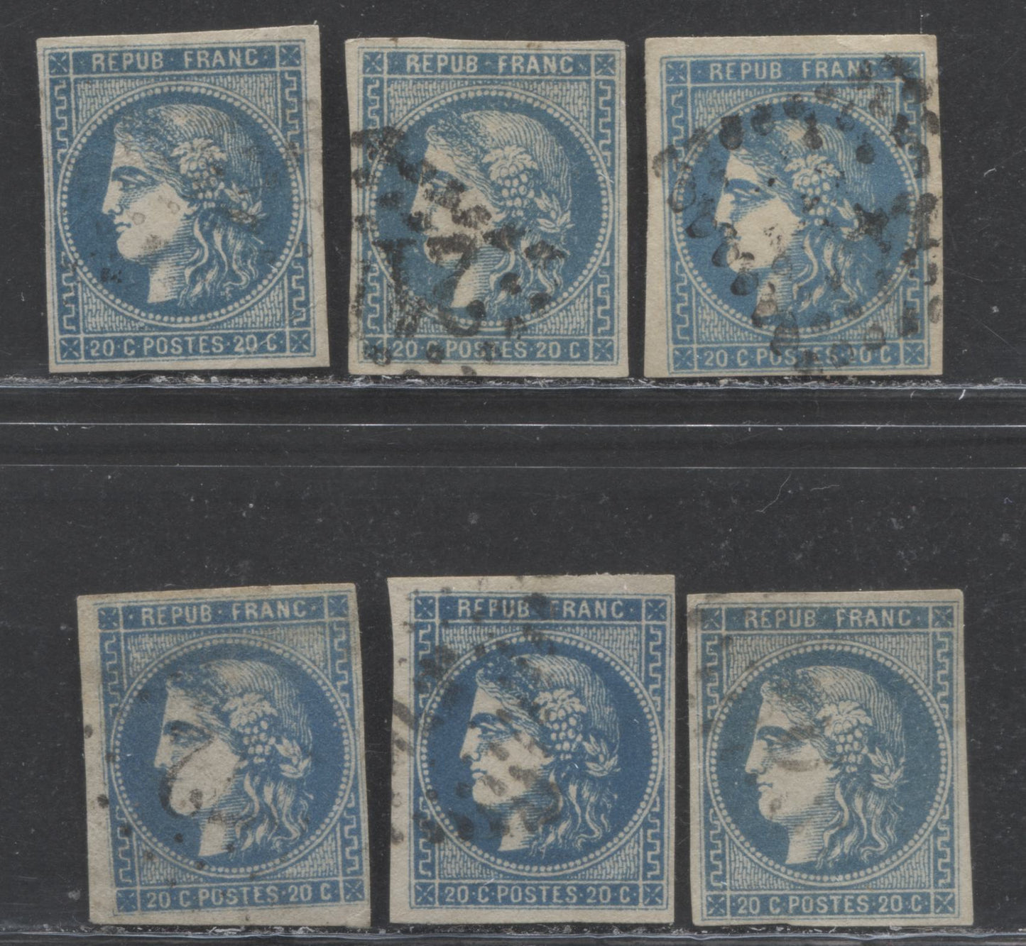 Lot 383 France SC#45 20c Blue, Type 3 1870-1871 Imperf Bordeaux Definitive Issue, Six Fine Used Examples, Different Papers, Shades and Cancels, 2022 Scott Classic Cat. $96 USD, Net. Est. $50, Click on Listing to See ALL Pictures