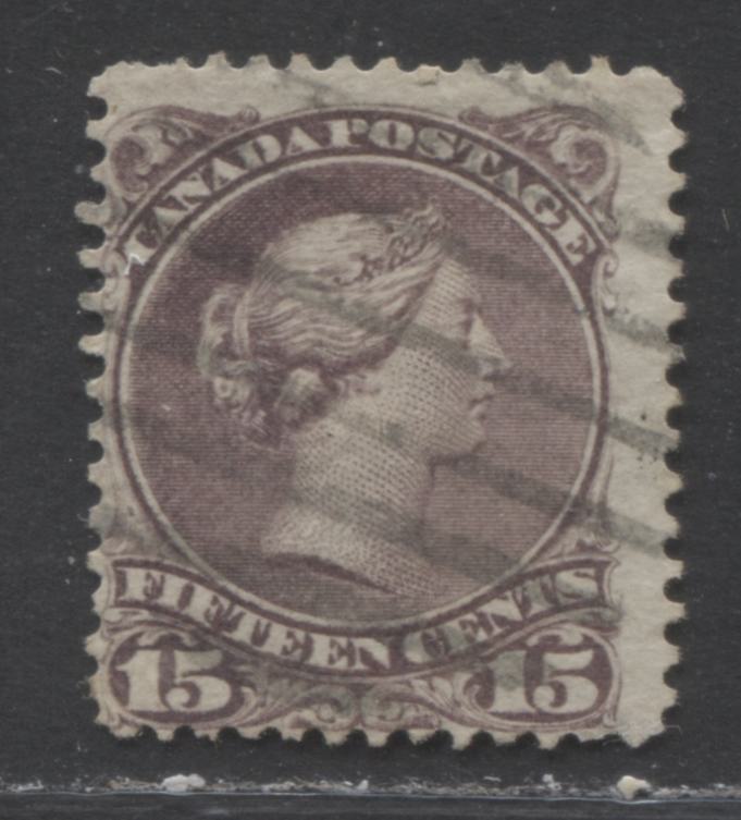 Lot 385 Canada #29e 15c Deep Red Lilac Queen Victoria, 1868-1897 Large Queen Issue, A VG Used Example First Ottawa Printing, Perf. 12.1 x 12, Duckworth Paper 9b, Steel Grid Cancel