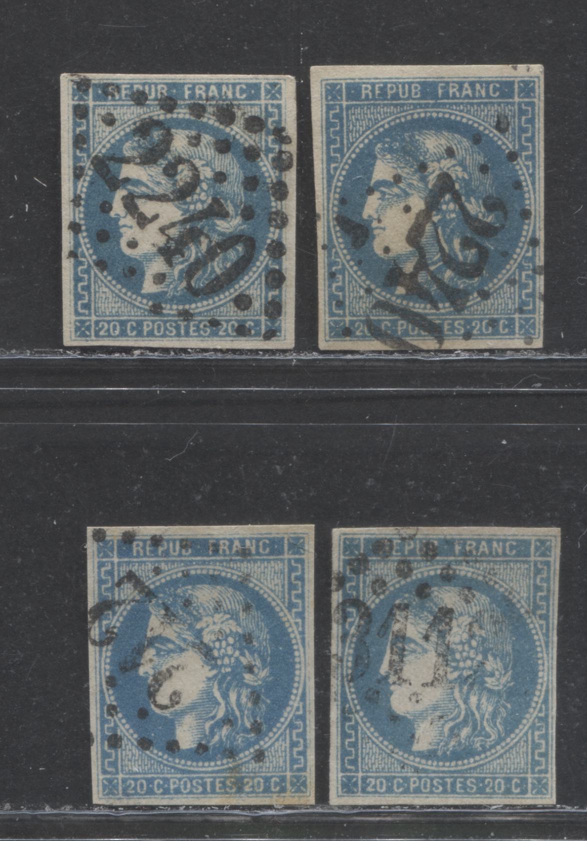 Lot 385 France SC#45 20c Blue, Type 3 1870-1871 Imperf Bordeaux Definitive Issue, Four Fine Used Examples, Different Shades, Papers or Cancels, 2022 Scott Classic Cat. $64 USD, Net Est. $32, Click on Listing to See ALL Pictures