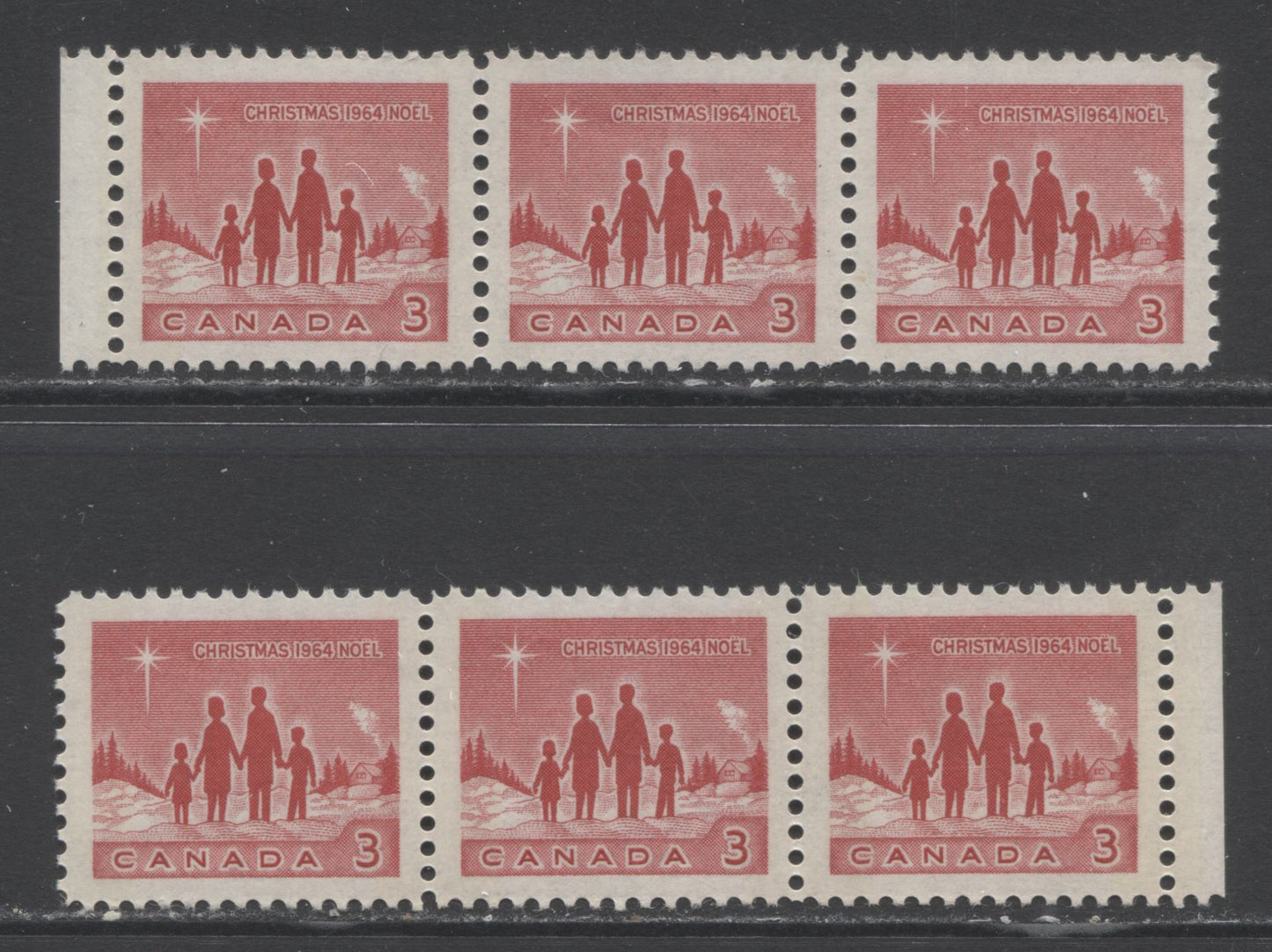 Lot 385 Canada #434pii 3c Deep red Family and Star of Bethlehem, 1964 Christmas Issue, A VFNH Margin Strips of 3  On DF Paper, Wide and Narrow Tagging Bars