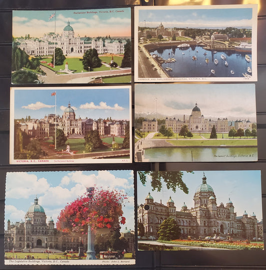 A Group of 6 Postcards From Victoria, BC, Showing Parliament Buildings, From The 1920's-1950's and 1960's-1970's, Overall VF, Net Est. $8