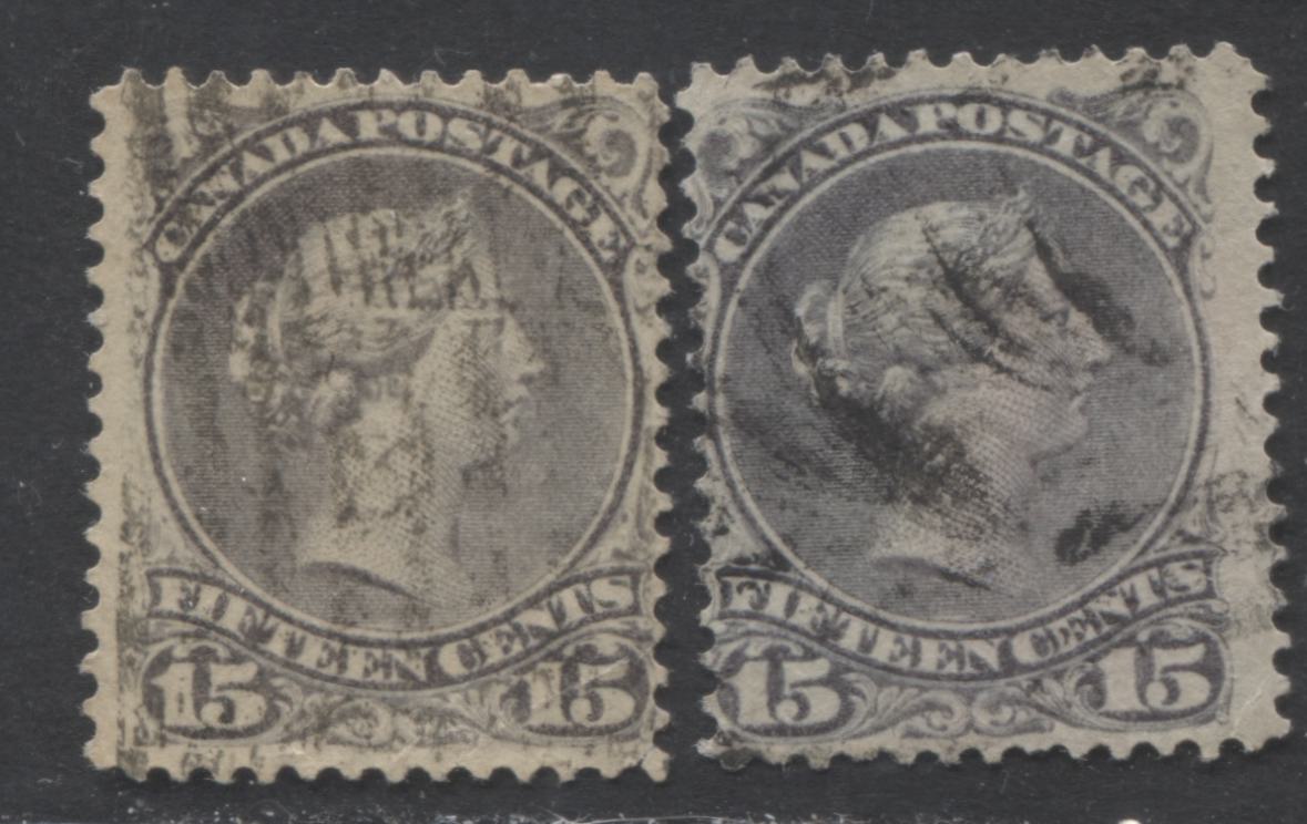 Lot 390 Canada #30 15c Grey Queen Victoria, 1868-1897 Large Queen Issue, Two VG & Fine Used Examples Second Ottawa Printing, Perf. 12.1 x 12.15, Stout Vertical Wove