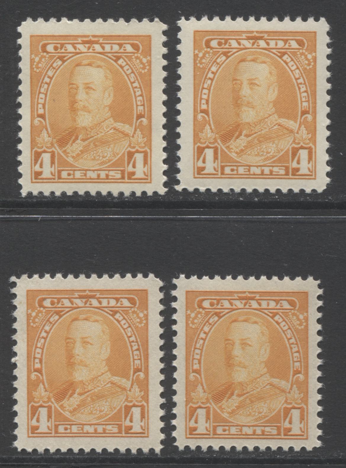 Lot 39 Canada #220 4c Yellow King George V, 1935 Pictorial Issue, 4 VFNH Singles With Different Shades, Papers & Gums