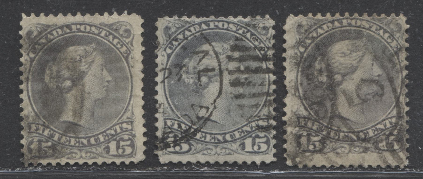 Lot 391 Canada #30, 30i 15c Grey & Slate Grey Queen Victoria, 1868-1897 Large Queen Issue, Three Ungraded Examples Second Ottawa Printing, Perf. 12.1, Stout Vertical Wove, Ungraded Reference Lot With Different Shades and Cancels