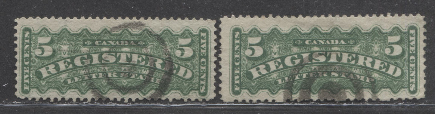 Lot 394 Canada #F2i 5c Green Engine Turning, 1875-1897 Registered Letter Stamps, Two Fine Used Examples Montreal Printings on Stout Horizontal Wove With Target & Bullseye Cancels