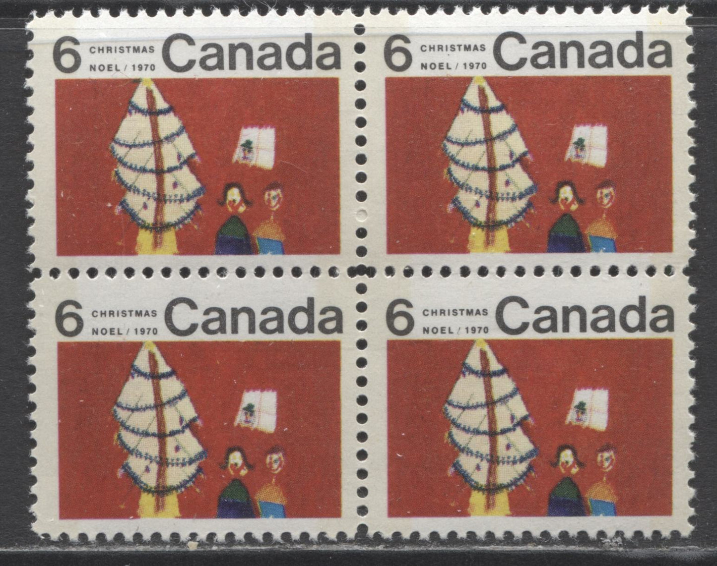 Lot 394 Canada #525pi 6c Multicoloured Children and Christmas Tree, 1970 Christmas Issue, A VFNH Centre Block of 4 On HB Vertical Ribbed Paper, Winnipeg Tagged, Dot Between "MA" of "Christmas"