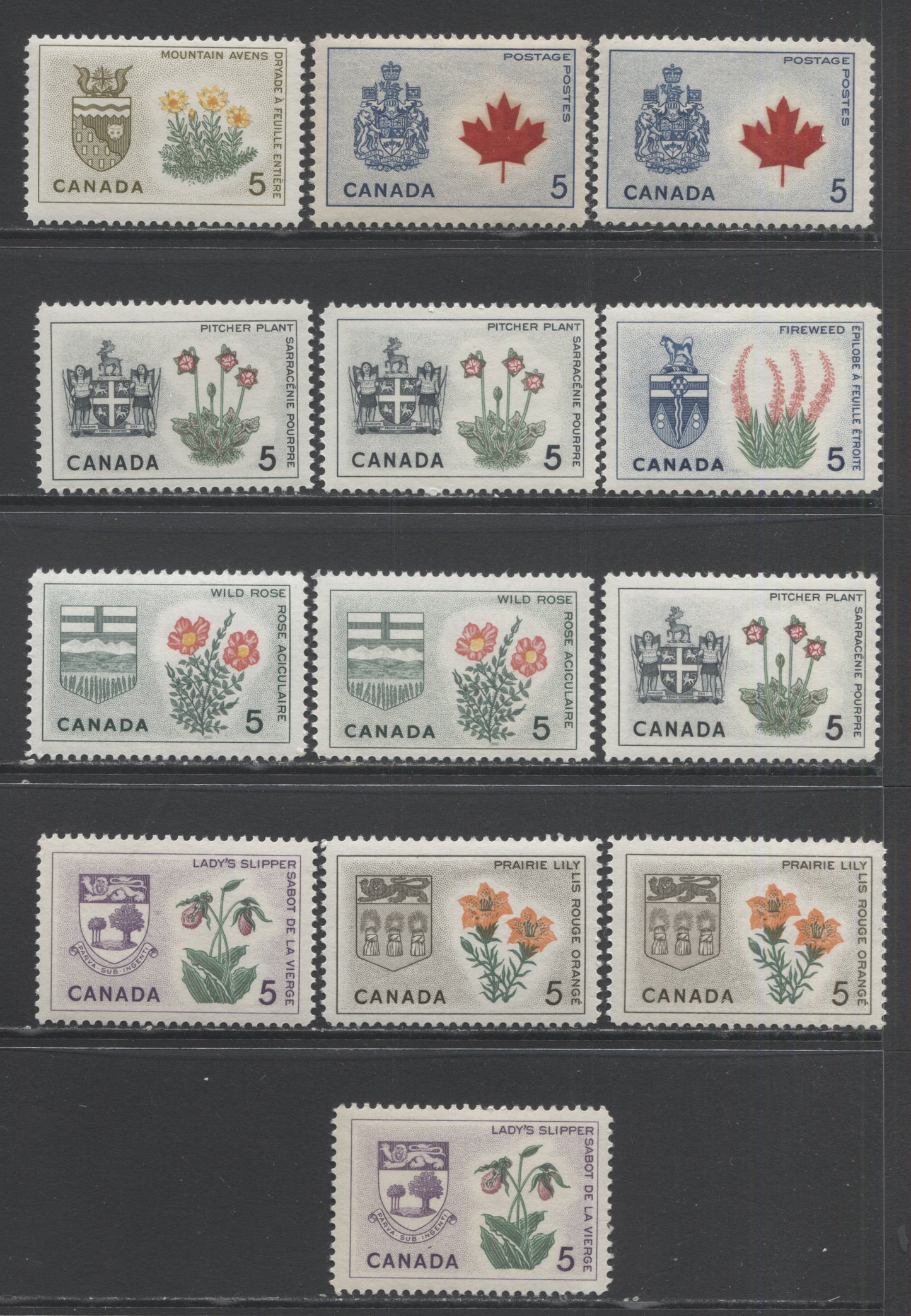 Lot 395 Canada #424-429Ai 5c Multicolored Flowers, 1964-1966 Floral Emblems Issue, 13 Fine NH and VFNH Singles Showing Both Dull & Fluorescent Varieties For Most Of The Stamps