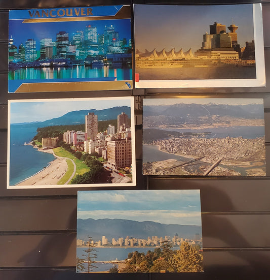A Group of 5 Postcards From Vancouver, BC, Showing Vancouver Skyline, From The 1960's to 1990's, Overall Fine and VF, Net Est. $2