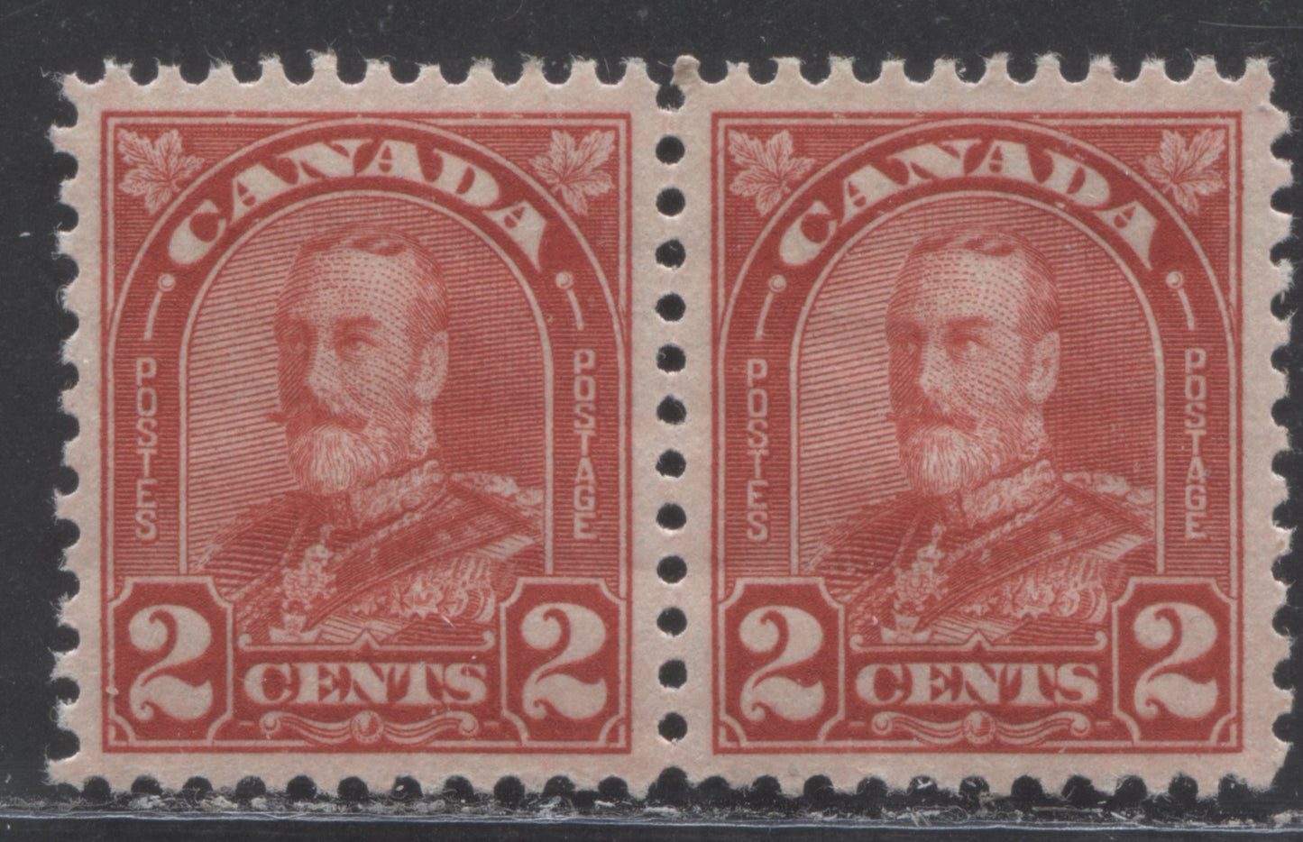 Lot 399 Canada #165ai 2c Deep Red King George V, 1930-1931 Arch/Leaf Issue, An VFOG Pair With Extended Moustache Variety On Left Stamp, Plate 8 LR Pos. 65